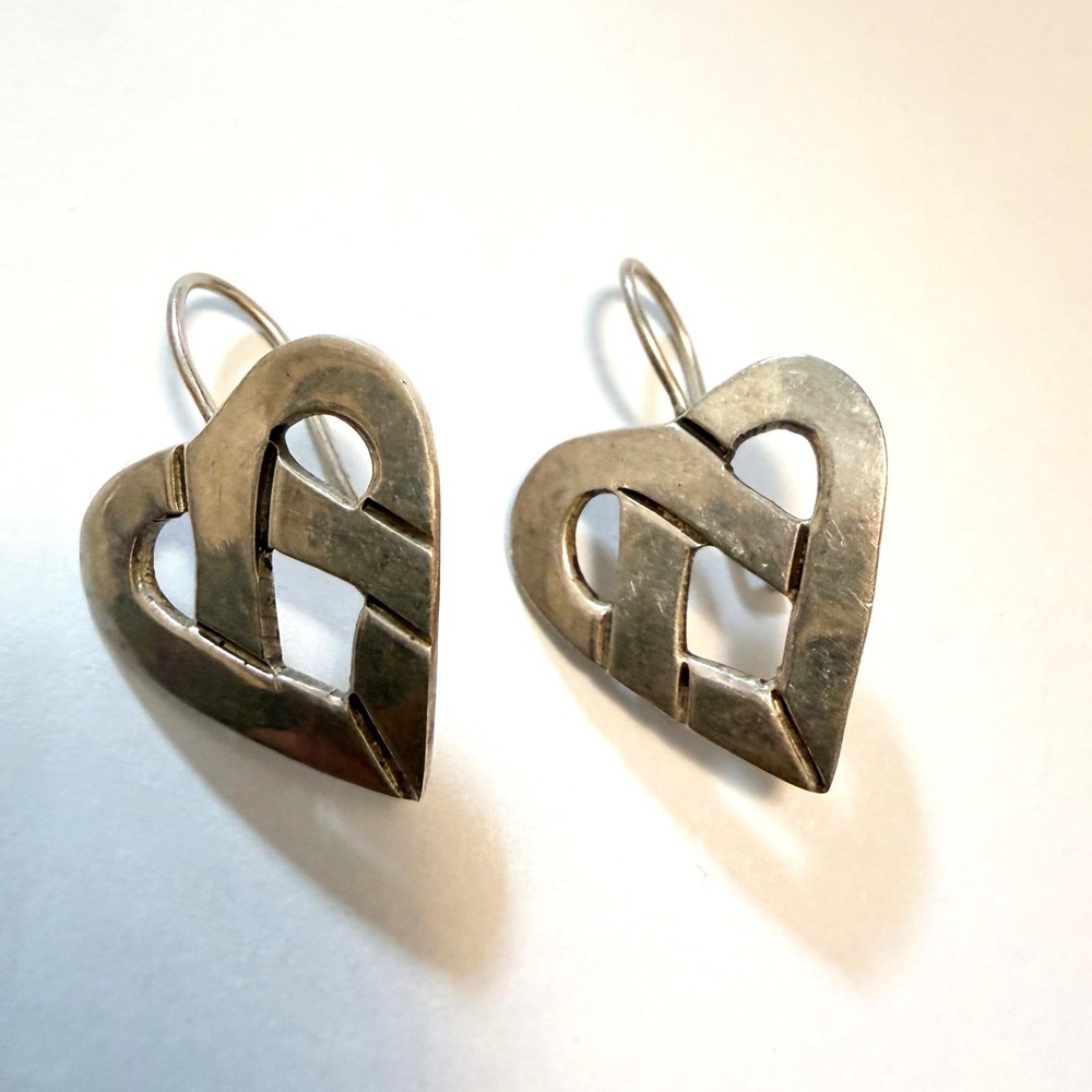 Vintage Sterling Silver Heart Earrings Geometric Drop 925 Shepherd Hook 5.3g - Picture 2 of 6